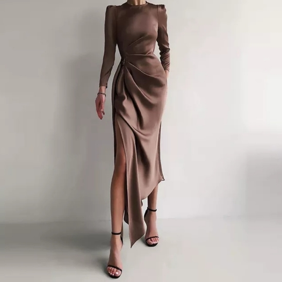 Chocolate Brown Satin Dress Long Sleeve Gown Side Slit Long Sleeve Size L - Picture 1 of 6